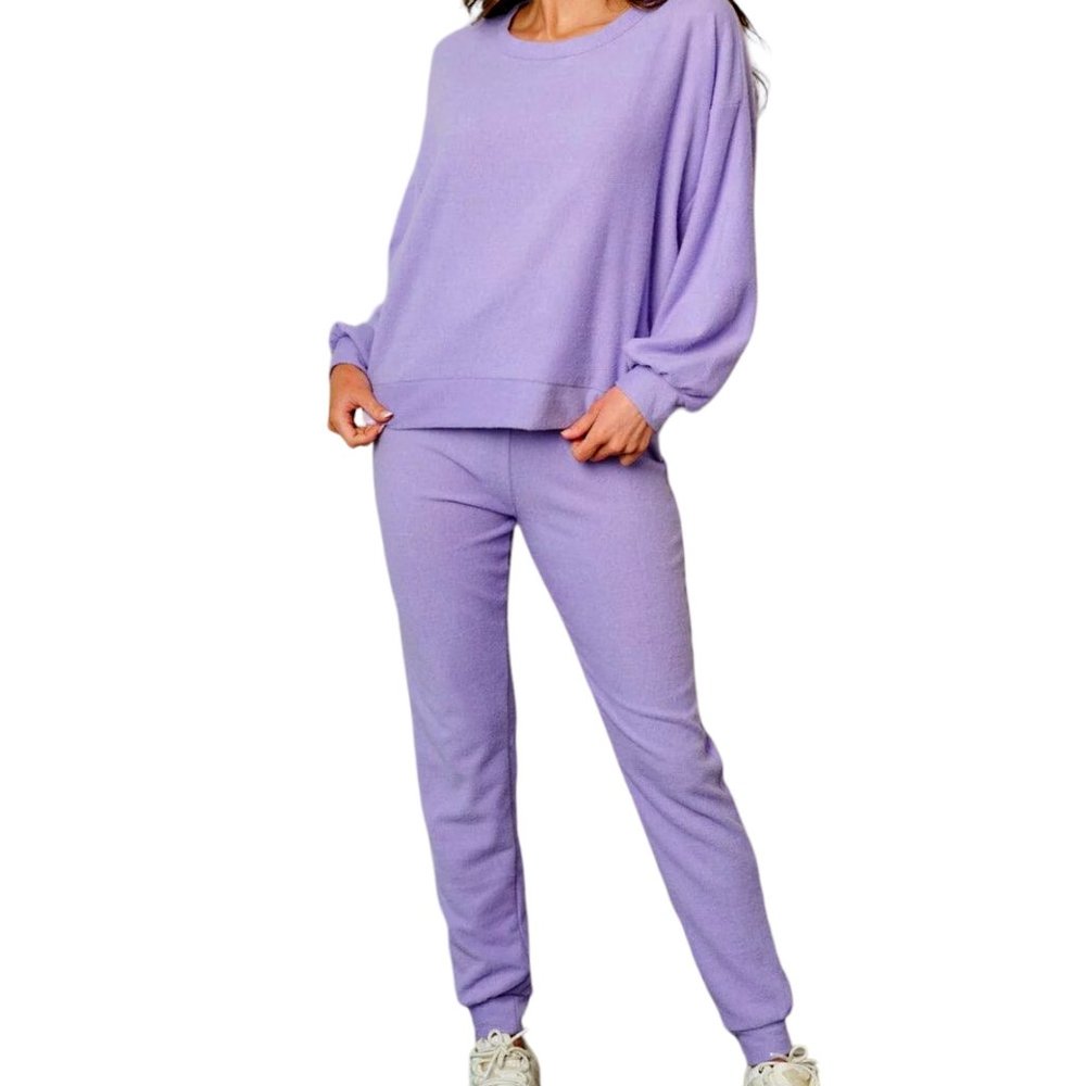 Fawn Fantastic Women Long Sleeve Fleece 2PC Set, Lavender, Medium Top, XL Bottom
